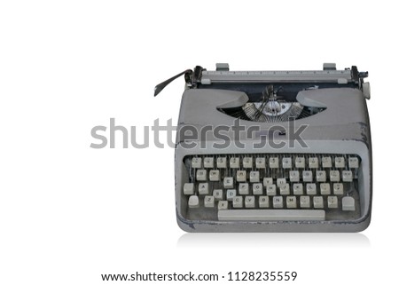 front view Di cut old grey typewriter on white background,copy space