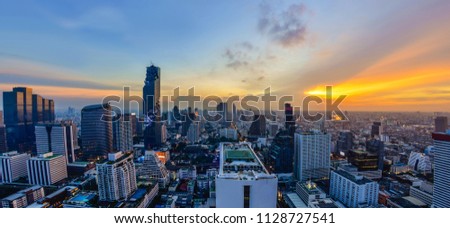 Bangkok city central business downtown bird eye view landscape at twilight time.