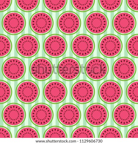 Seamless vector pattern with bright watermelon slices. Striped background. Good for textile fabric design, wrapping paper and website wallpapers. Vector illustration.
