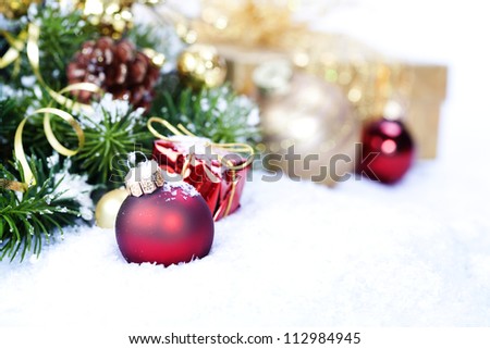 Christmas composition with snow and Christmas decoration