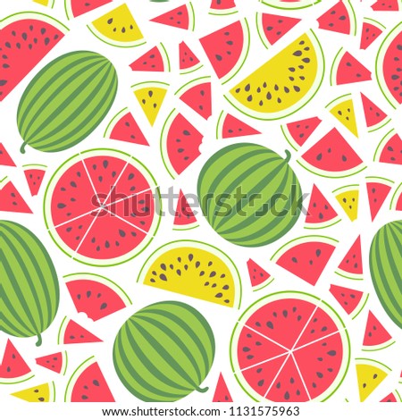 Vector illustration: seamless pattern with red and yellow flat cone, semicircle and circle pieces and entire watermelons icons with black seeds and green peel isolated on white background.