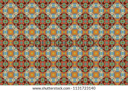 Raster geometrical seamless ornament. Seamless pattern in yellow, green and blue colors. Raster background with tiles and rhombus.