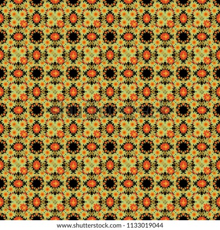 Ethnic print for fabric. Indian, Arabic, Moroccan motives in orange, green and black colors. Patchwork seamless pattern. Stylized abstract flowers and Mandalas.