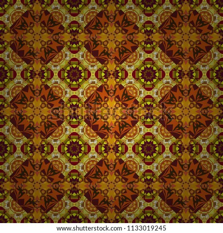 Vector bright ornament of mandalas in orange, brown and yellow colors. Seamless asian ethnic abstract retro doodle background pattern.