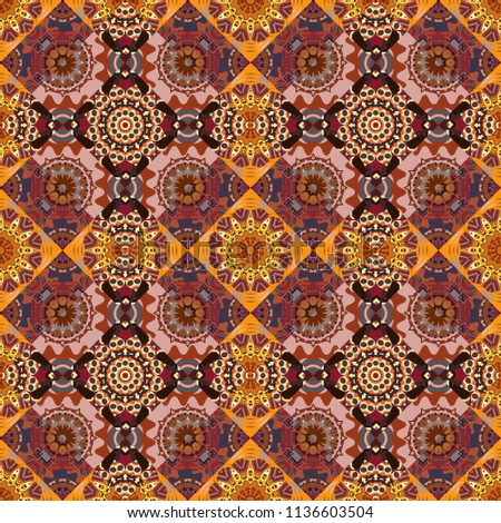 Traditional ornate portuguese decorative tiles azulejos. Yellow, brown and red mandalas. Seamless abstract background. Ceramic tiles pattern. Vector hand drawn art, typical portuguese tiles.