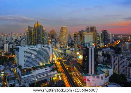 Bangkok Cityscape at dusk. Landscape of Bangkok business building at economic zone. Thailand aerial modern building in business district area at twilight.