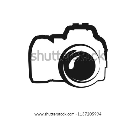 Vector black Icon of Camera isolated on white background. Illustration for Logo or Decoration of Web Site of Photo Studio.