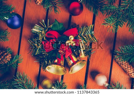 Festive New Year's toy accessories, Christmas mood, on a wooden table