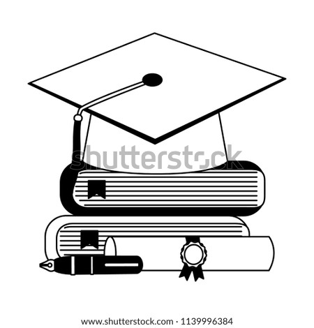 graduation hat pile book roll certificate and pen