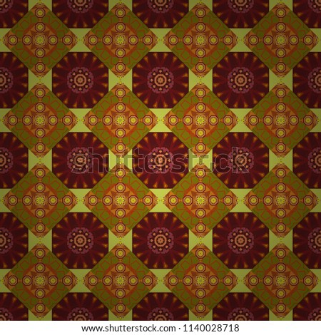 Seamless pattern illustration for design. Vector illustration. Bright flower. Abstract kaleidoscope orange, red and brown background.