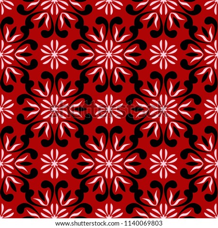 Seamless floral background. Black and white pattern on red backdrop