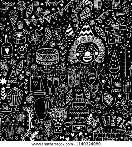 Seamless pattern with party doodles. Happy birthday backdrop. Hand drawn, doodle party
