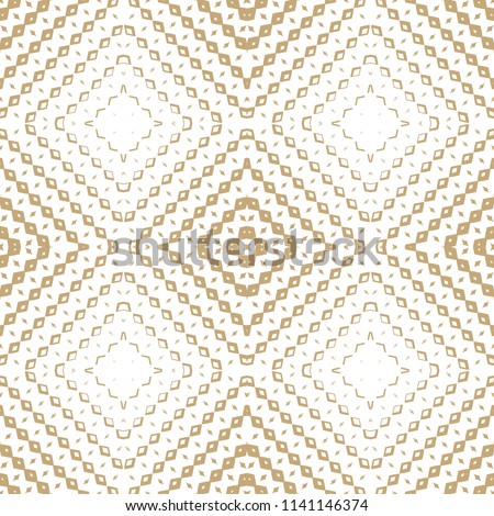 Vector golden geometric seamless pattern with small rhombuses, diamond shapes, lines, squares, grid. White and gold ornamental background with halftone transition effect. Luxury ornament design 