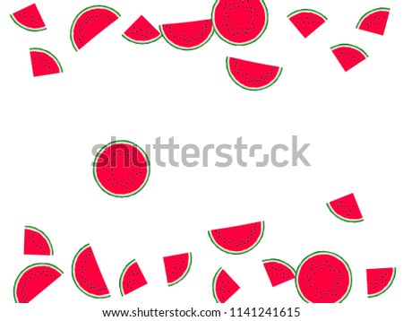 Red watermelon slice vector print illustration. Organic food element for summer diet. Bright red and green water melon fruit. Vector dessert nutrition watermelon berry frame border.