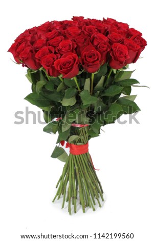 Bouquet of red roses on a white background, tied with a red ribbon.