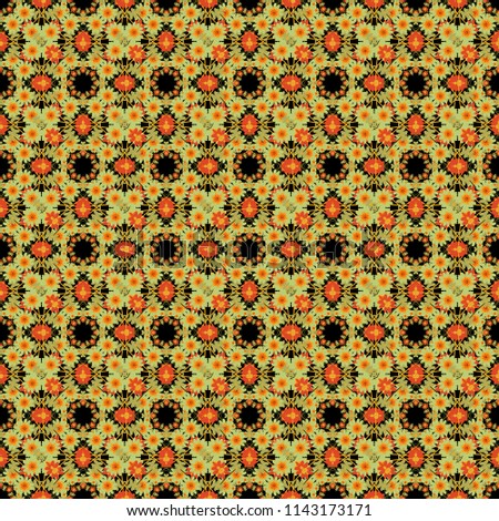 Abstract black, orange and green psychedelic print. Modern urban dazzle paint. Fabric, wallpaper, cloth and textile design. Vector eco-styled background. Seamless impressive Mandalas pattern.