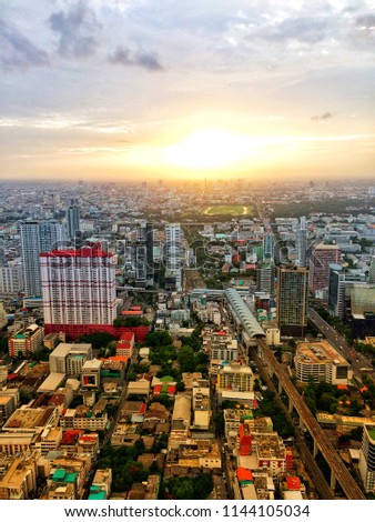 Aerial Bangkok city at sunset