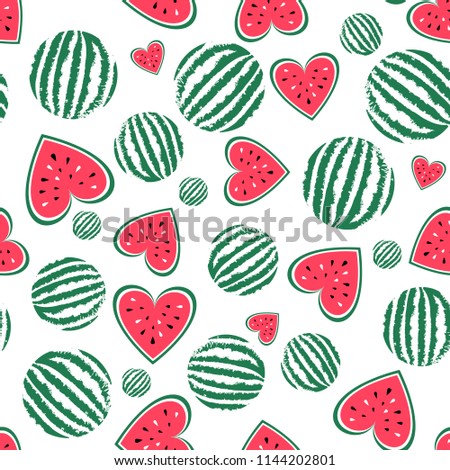 Watermelon seamless pattern. Background for summer. Food vector texture. Sliced fruit, red heart of watermelon. Summel wallpaper. Fits for t-shirt print design, bag, textil.