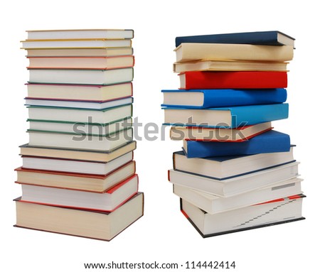 Two antique piles of books on white