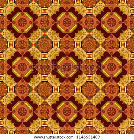 Mehndi design. Tracery seamless pattern. Ethnic colorful doodle texture in brown, red and orange colors. Vector curved doodling background.