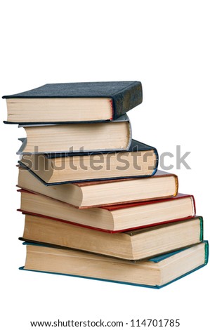 Pile of old books on a white background.