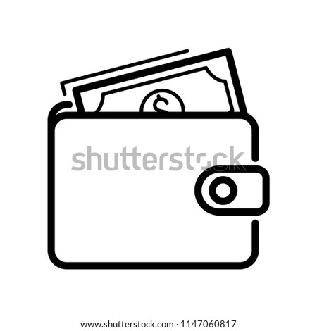 Wallet with banknotes, simple design, stroke outline style. Line vector. Isolate on white background.
