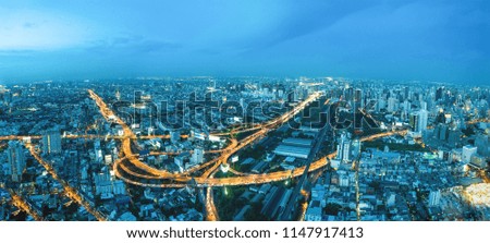Beautiful Bangkok city, bird eye view on modern new buildings or skyscrapers cityscape on daytime and night time, panoramic scene showing urban skyline and business office towers