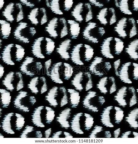 White leopard spots on black background. Inverse jaguar print. Raster hand painted monochrome texture