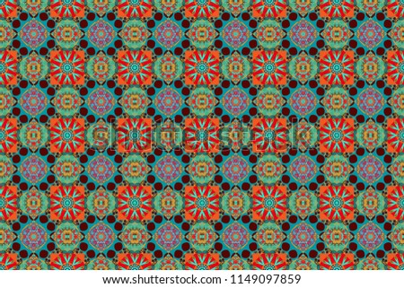 Bohemian style background in green, beige and blue colors. Raster decorative floral embroidery seamless pattern, ornament for textile, kerchief, pillow or handbag decor.