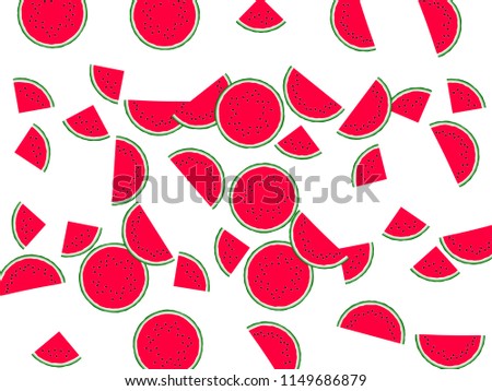 Red watermelon round slice vector print illustration. Organic food element for summer diet. Bright red and green water melon fruit. Vector dessert nutrition watermelon berry.
