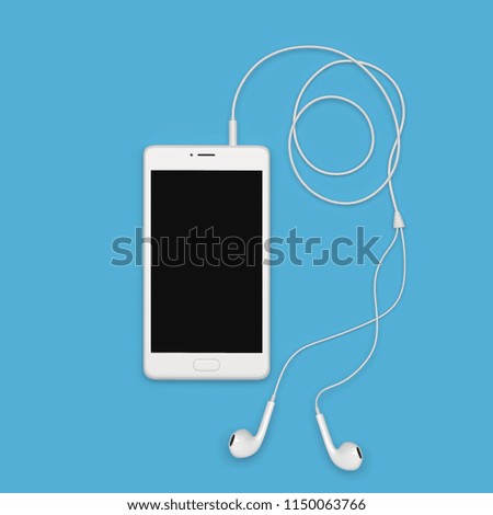 White smartphone with headphones isolated on blue background. 3D rendering with clipping path