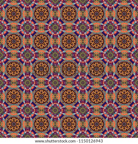 Stylish ornamental wallpaper in brown, blue and orange colors. Seamless geometric pattern with mandalas.