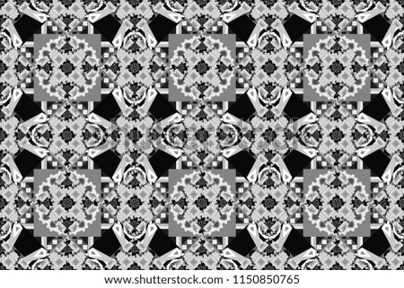 Vintage raster decorative elements in white, gray and black tones. Islam, Arabic, Indian, ottoman motifs. Seamless pattern tile. Perfect for printing on fabric or paper.