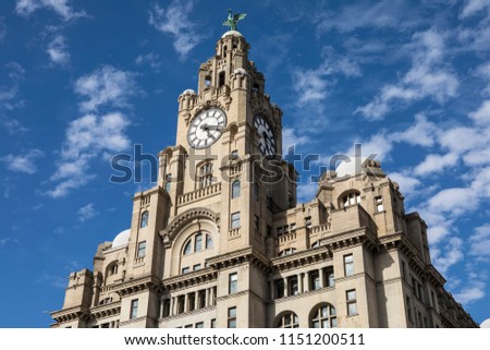 A view of the historic Royal Liver Building, in the city of Liverpool, UK. 