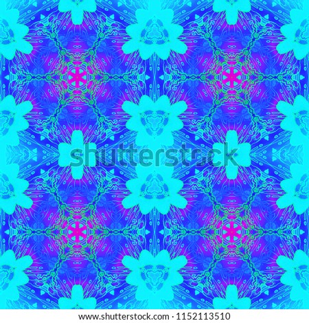 Abstract geometric background multicolored. Regular floral star pattern turquoise, blue, purple and violet, ornate and dreamy.