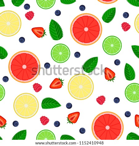 Seamless vector pattern in flat style. Colorful Fruits and berries on  background. Template for background, textile, wrapping, packaging
