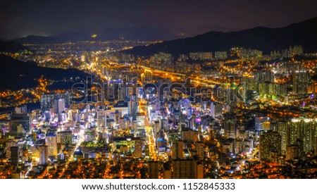 Aerial view of Busan city at night, South Korea.