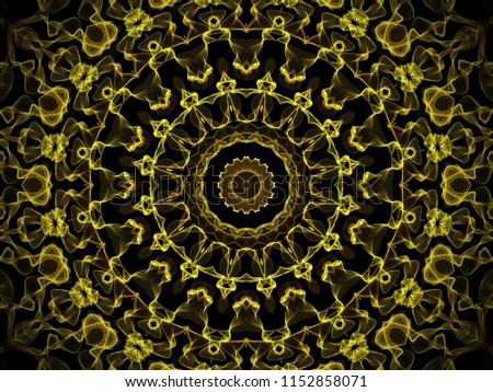 yellow circular geometric ornate mandala design with repeating complex symmetry on a black background