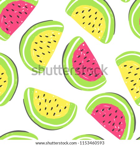 Watermelon and exotic fruits seamless pattern. Fresh watermelons and orange, tropical fruits summer detox multicolor