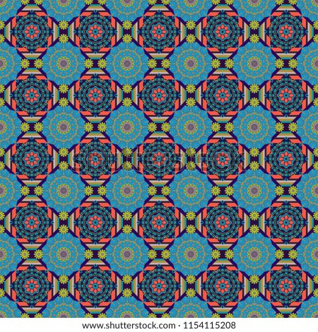 Vector seamless geometric pattern of orange, gray and blue tiles.