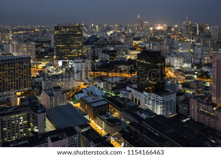 Top view of skyscrapers in central district of Bangkok on sunset, Bangkok, Thailand