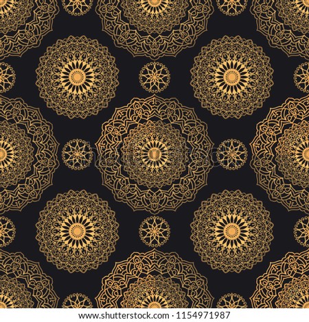 Mandala golden vector seamless pattern. Luxury geometric texture. Black and gold ornate elegant background for premium fabrics and design prints