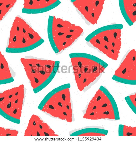 Cute seamless pattern with watermelon slice on white background. Vector illustration for fashion design and print. Abstract craft stamp style.
