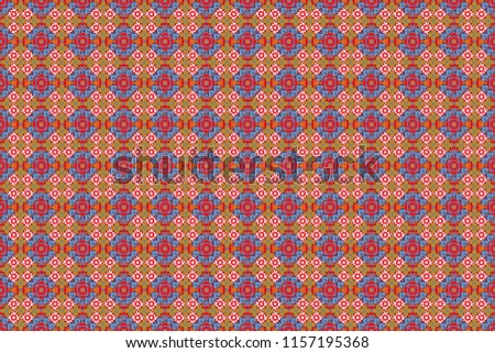 Stylish geometric seamless pattern. Modern raster linear ornament. Regularly repeating tiles grids with red, blue and orange dots, polygons, hexagons, rhombuses, difficult polygonal outline shapes.