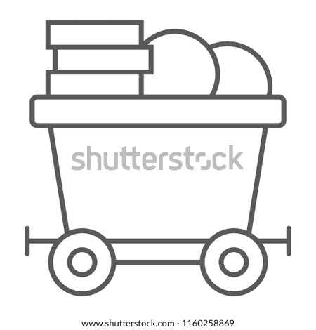 Coins on mine trolley thin line icon, finance and money, bitcoin mining trolley sign, vector graphics, a linear pattern on a white background, eps 10.