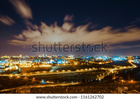 Jerusalem at night with the Al-Aqsa Mosque and the Mount of Olives