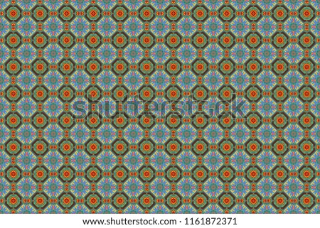 Modern raster linear ornament. Regularly repeating tiles grids with orange, brown and blue dots, polygons, hexagons, rhombuses, difficult polygonal outline shapes. Stylish geometric seamless pattern.