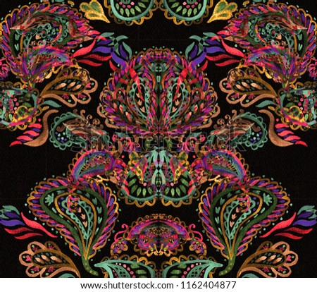 Paisley Watercolor Ethnic Seamless Pattern. Indian Artistic Handmade Batik Print. Swimwear Fabric. Hand Painting Retro Design. Indonesian Batik Dye. Botanical Bohemian Oriental Batik Fabric. 