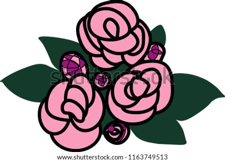 
three pink roses with a black outline against the background of leaves
