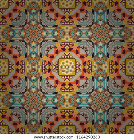Seamless pattern from mandalas painted in brown, pink and blue colors. Raster abstract geometric kaleidoscopic mandala design symbol - symmetric.